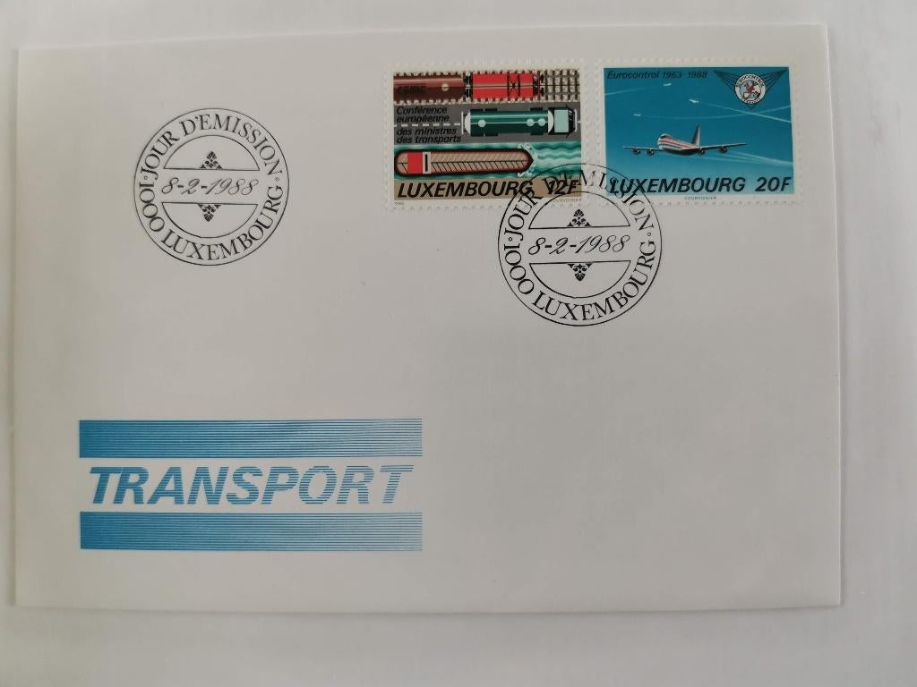 Luxemburg 1988 - FDC - tram, vrachtwagen, schip, vliegtuig, Ophalen of Verzenden, Luxemburg, Gestempeld