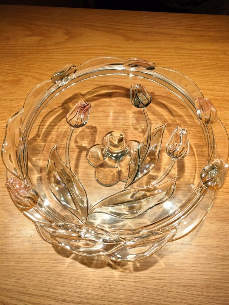 vintage taart/gebak schotel op voet met tulpmotief, Ophalen, Nieuw