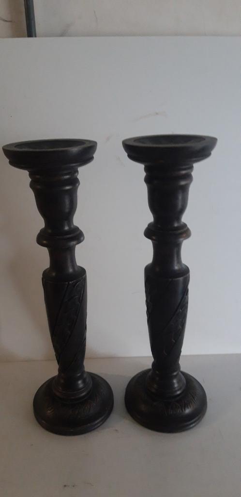 Koppel houten gesculpteerde kandelaars 46 cm, Ophalen of Verzenden