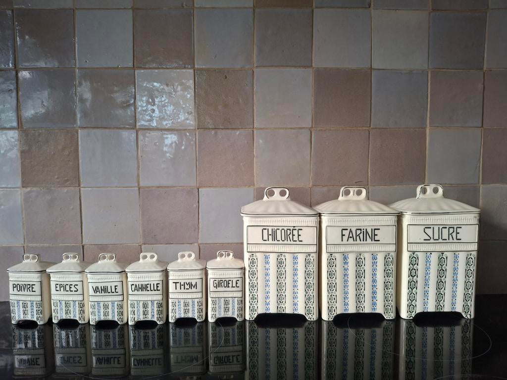 Antieke aardewerken kruidenpotten . 3 grote en 6 kleine., Antiek en Kunst, Ophalen