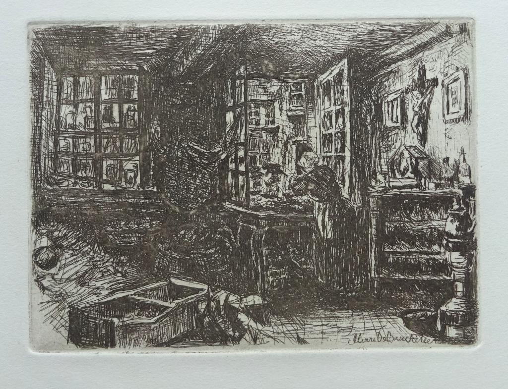 Henri De Braekeleer, etsje, interieur, 10 x 13 cm, Enlèvement ou Envoi, Eau-forte, Signé