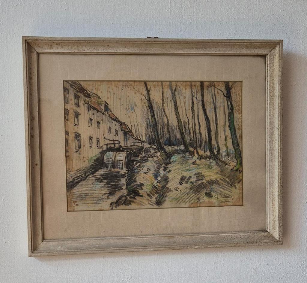 Fusain du peintre G.Massaux vue de la Woluwe, Ophalen of Verzenden