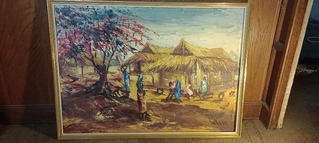 Schilderij op doek, Afrikaanse kunst, gesigneerd, 88x64,n563, Antiek en Kunst, Ophalen