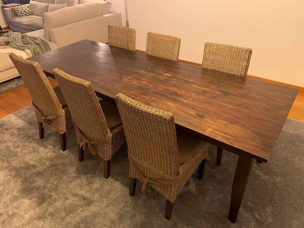 Table à manger + 6 chaises (+ 2 supplémentaires légèrement e, Koloniaal, Enlèvement, Utilisé, 50 à 100 cm