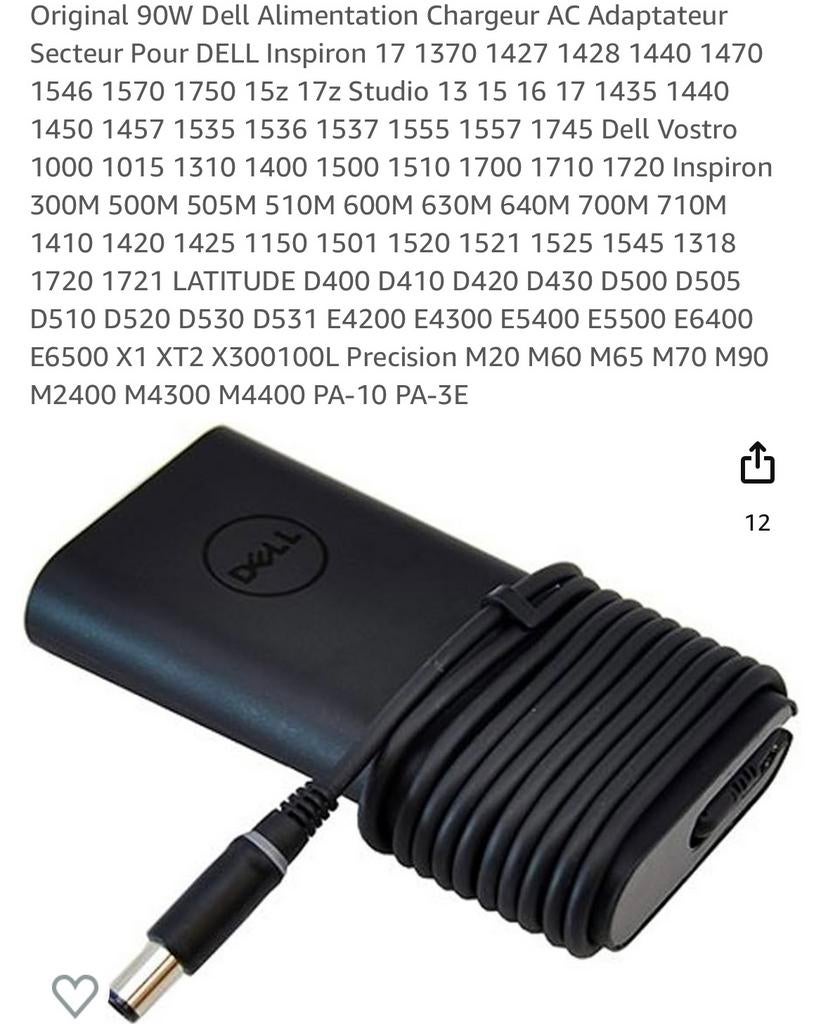 Chargeur Dell 90W, Informatique & Logiciels, Chargeurs d'ordinateur portable, Neuf