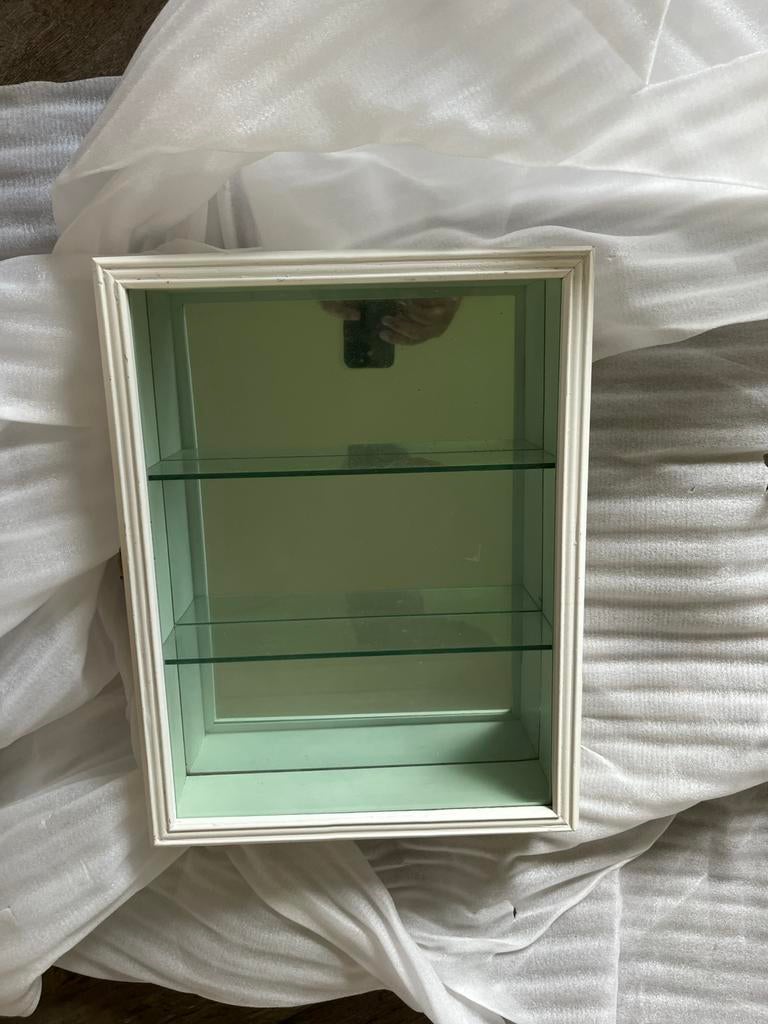 Vitrinekast (hout + gefumeerd lichtgroen glas), Ophalen, Met plank(en), Minder dan 50 cm, Gebruikt