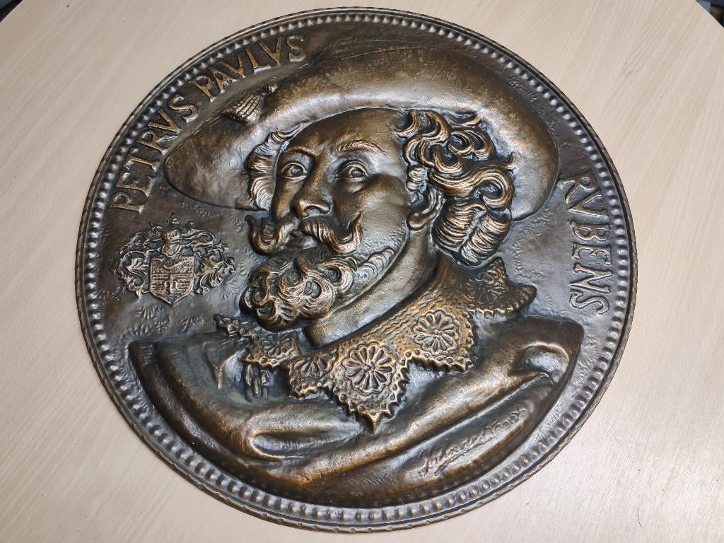 Groot antieken koperen wandbord in relief Rubens, Antiek en Kunst, Antiek | Brons en Koper, Ophalen of Verzenden, Koper