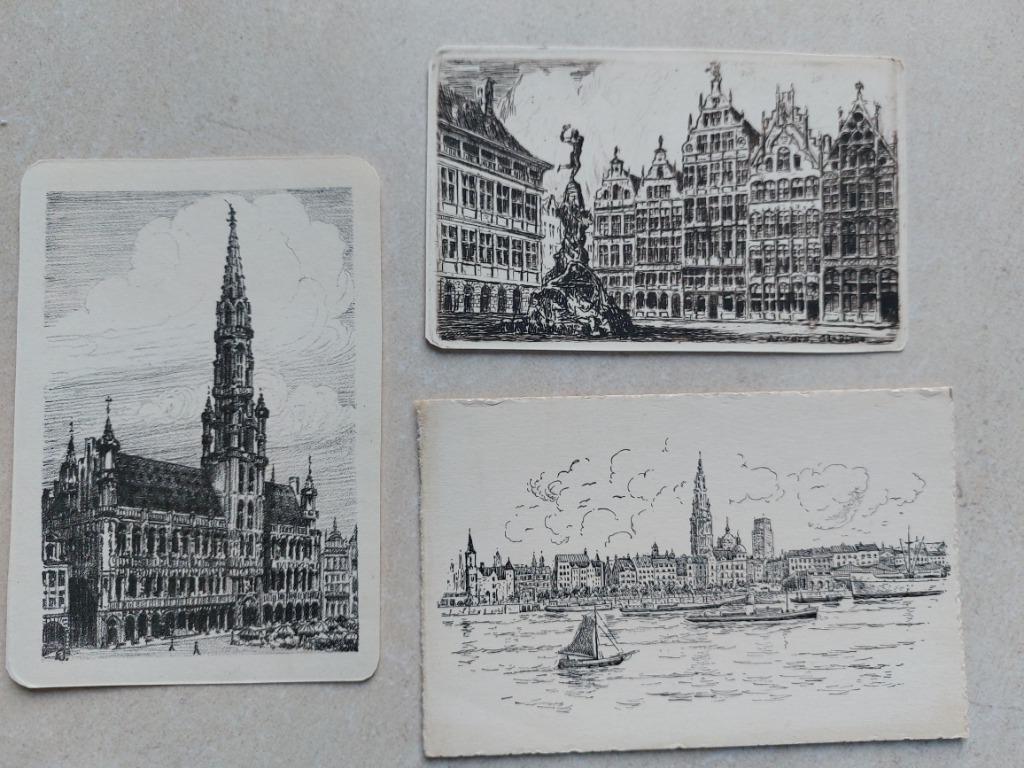 3 tekeningen (postkaartformaat) Antwerpen, Antiek en Kunst, Verzenden