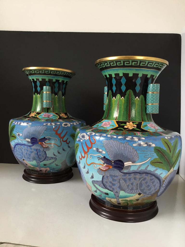 Koppel Cloisonné vazen met support Dragon 1920, Ophalen of Verzenden
