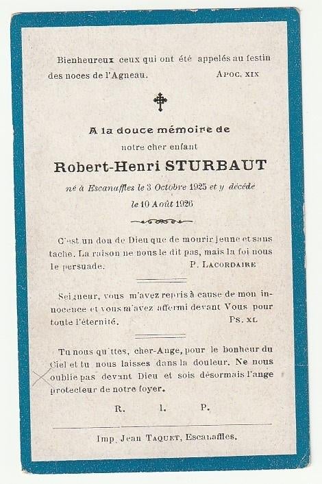 Décès Robert Henri STURBAUT Escanaffles 1925 -1926 (enfant), Verzenden, Bidprentje