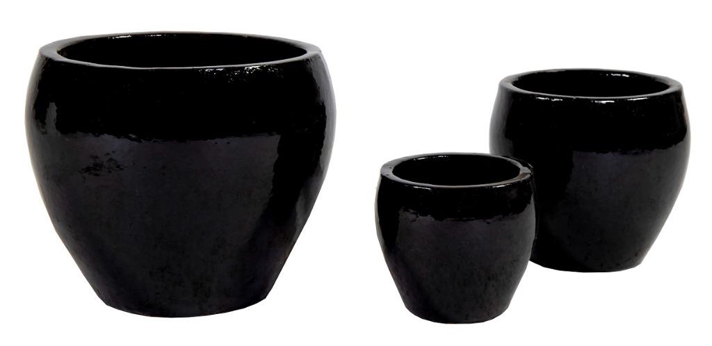 TUINPOTTEN SHINY BLACK GEGLAZUURD BOL 3 DLG SET NIEUW, Tuin en Terras, Ophalen, Steen, Minder dan 60 cm, Rond