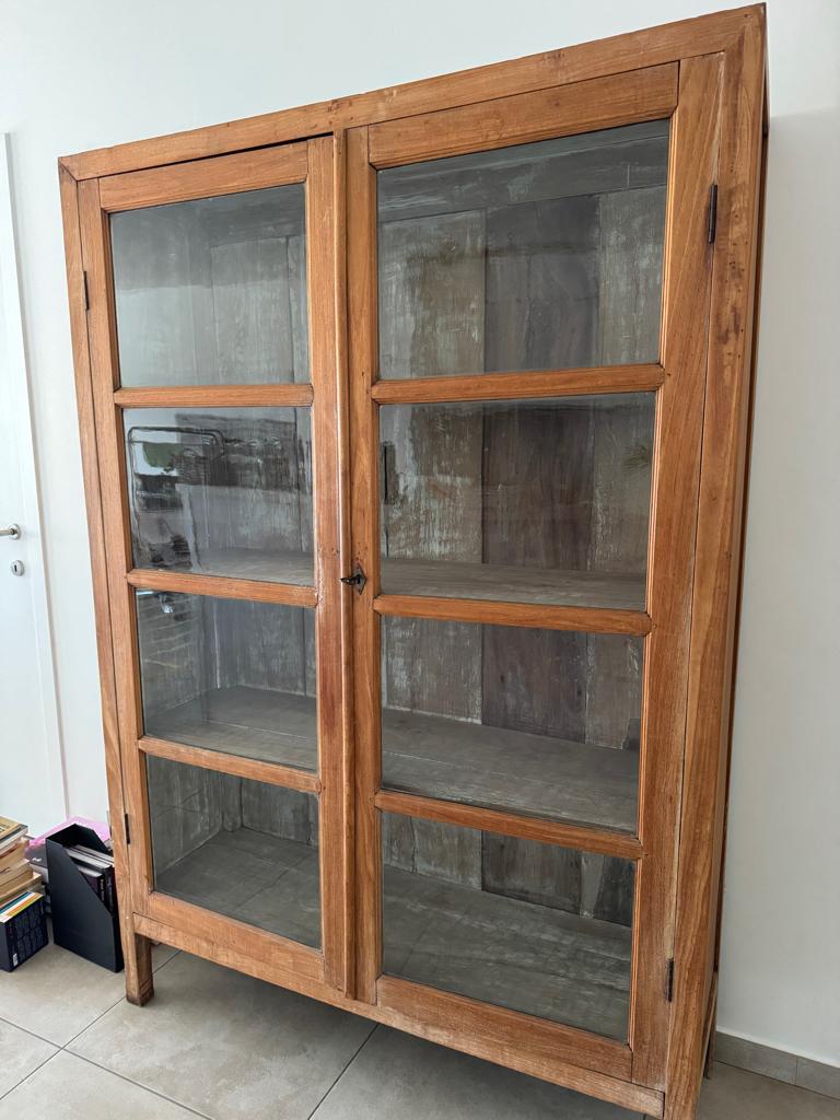 Vintage Vitrine kast Teak Hout, Huis en Inrichting, Kasten | Vitrinekasten, Ophalen, 100 tot 150 cm, Glas, Landelijk Tijdloos Vintage
