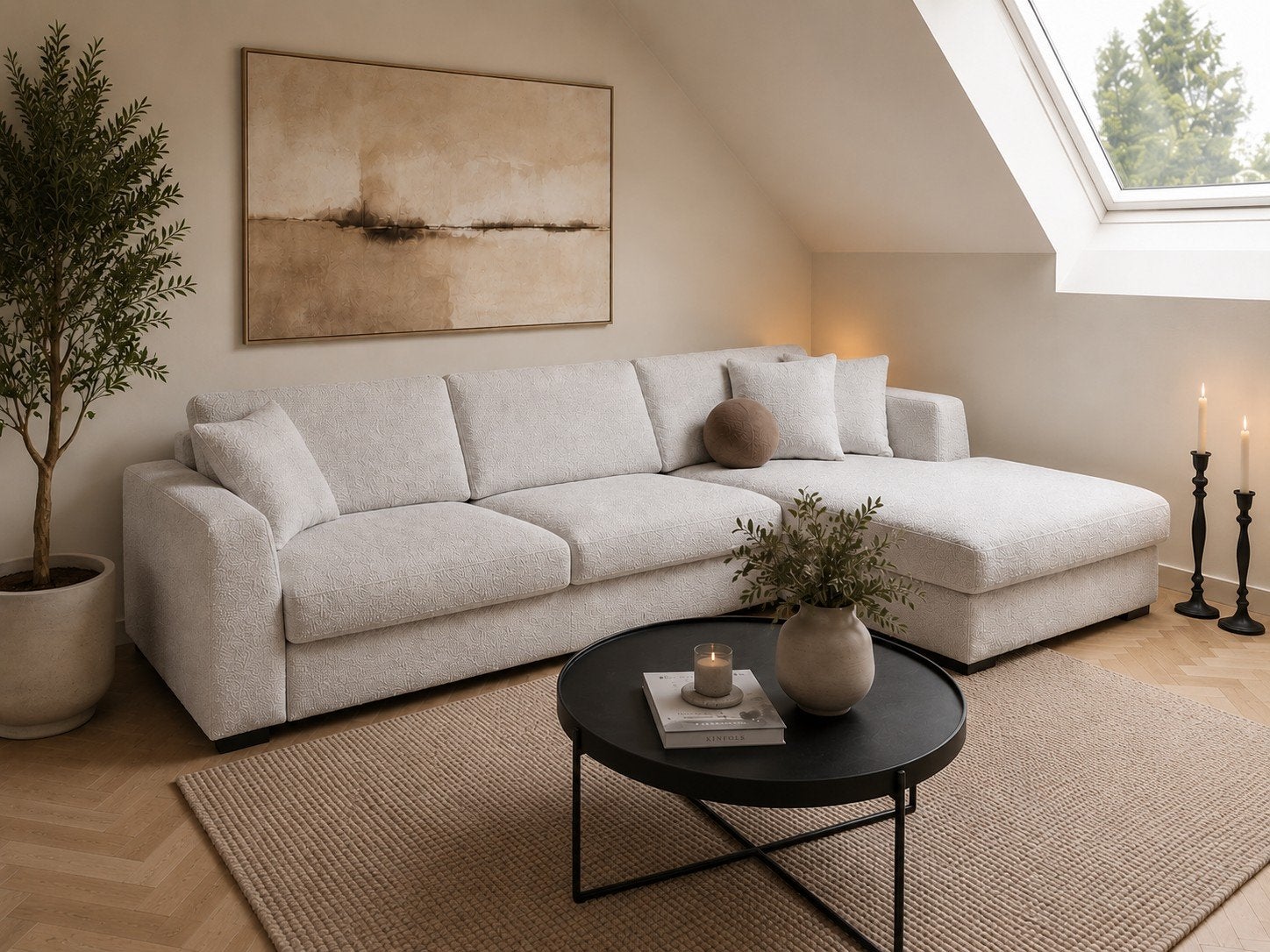 Belgian Design: Pearl Greige sofa in Bouclé - Als NIEUW!, Huis en Inrichting, Zetels | Zetels, Ophalen, 250 tot 300 cm, Hoekbank