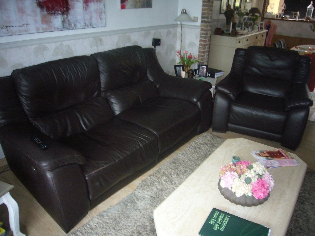 Te koop lederen salon kleur bruin, Comme neuf, Enlèvement, Cuir, Landelijk & modern