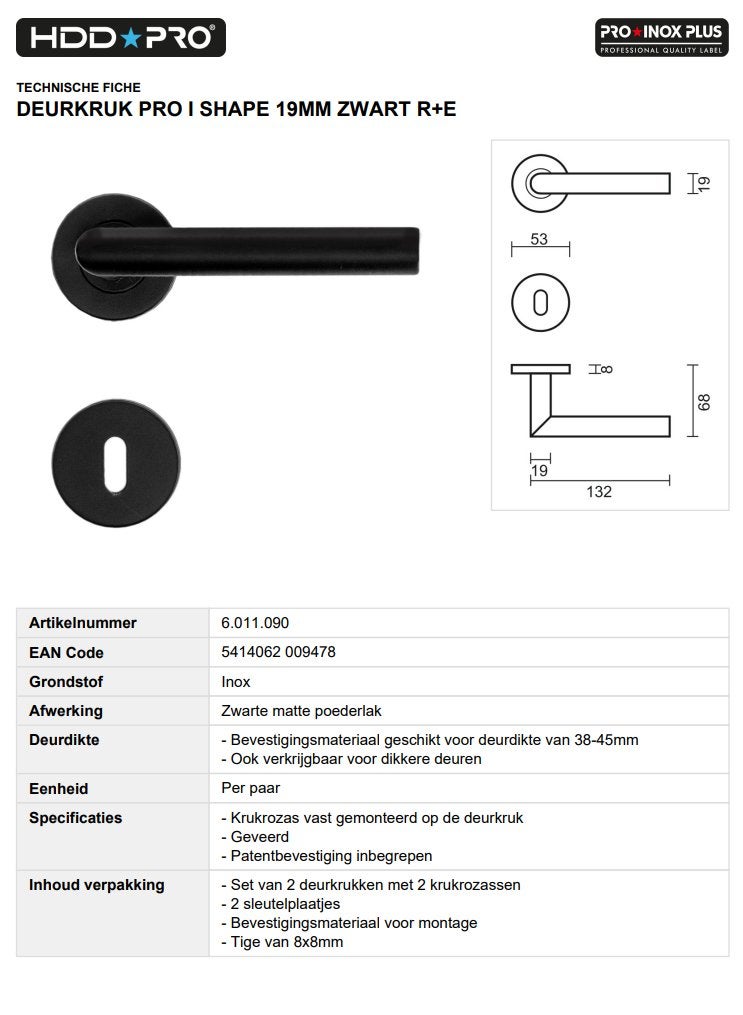 Deurkruk PRO I shape 19mm zwart R+E 2set - Eeklo, Doe-het-zelf en Bouw, Ophalen of Verzenden, Nieuw, Klink of Kruk