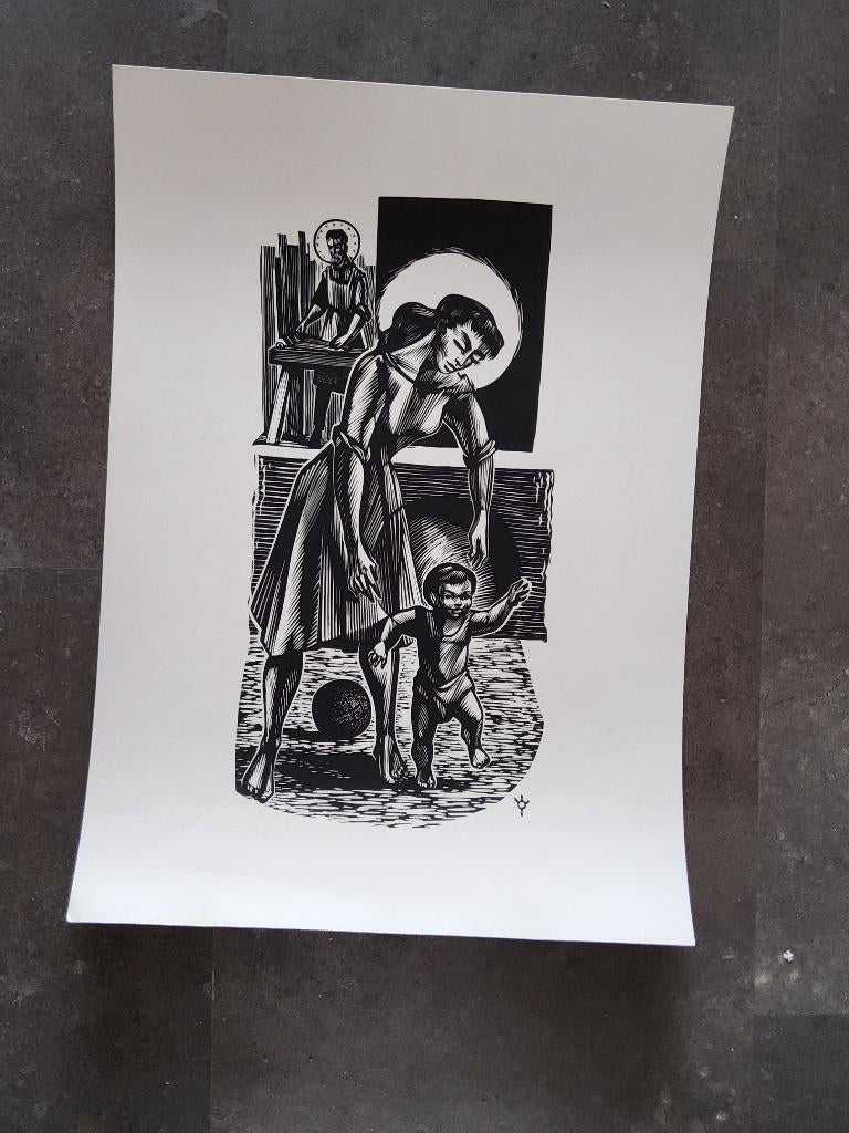 Linosnede De Heilige Familie 1964 door Frank-Ivo Van Damme, Antiek en Kunst, Ophalen of Verzenden