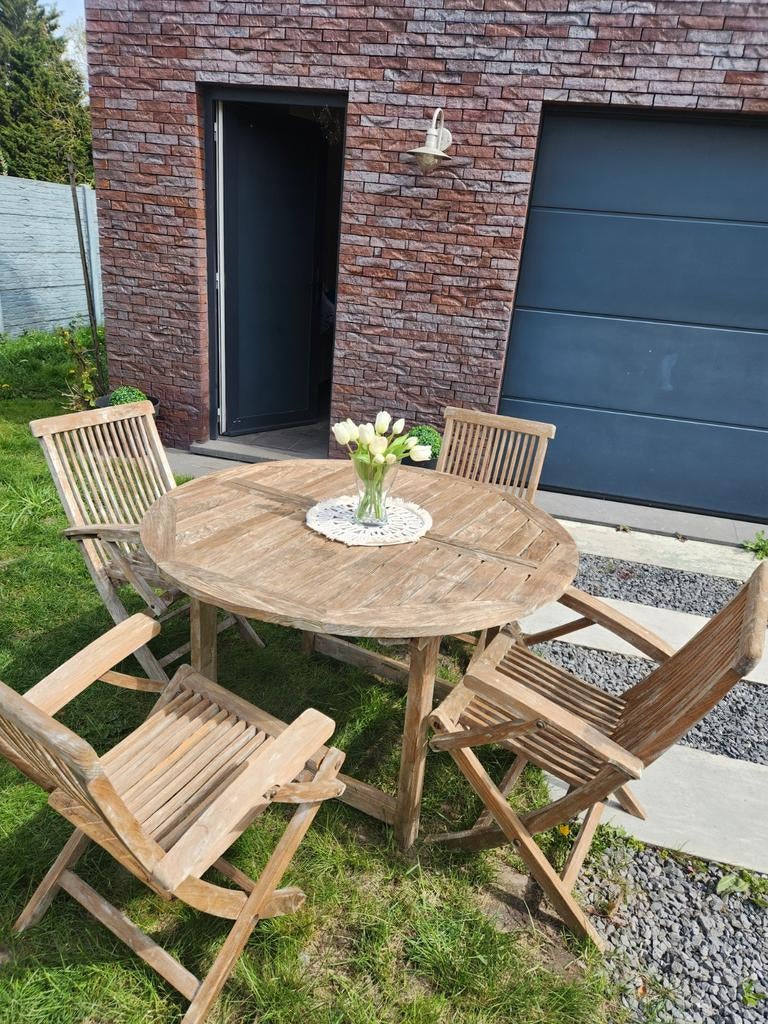 Teak tuinset tafel 120cm met 4 stoelen, Ophalen, Stoel, Tuinset
