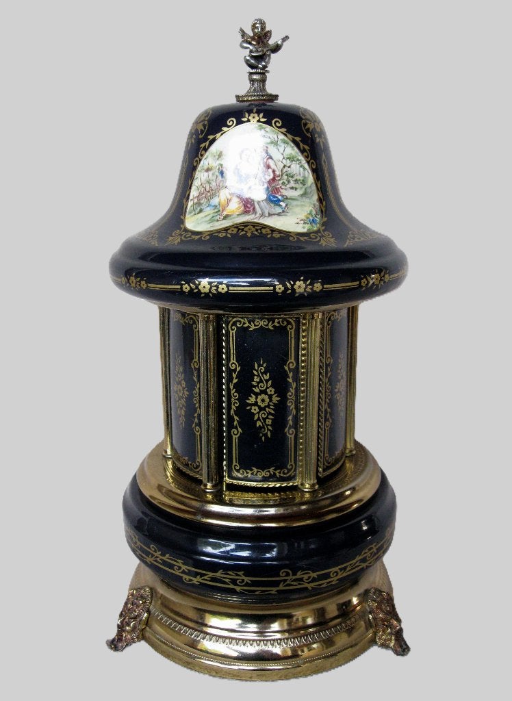 Vintage bordeaux muziekdoos email (automaat Swiss reuge)., Antiek en Kunst, Curiosa en Brocante, Ophalen