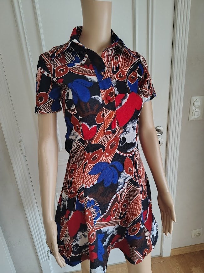 vintage jurk met print, Zo goed als nieuw, Knielengte, Maat 34 (XS) of kleiner, Vintage .