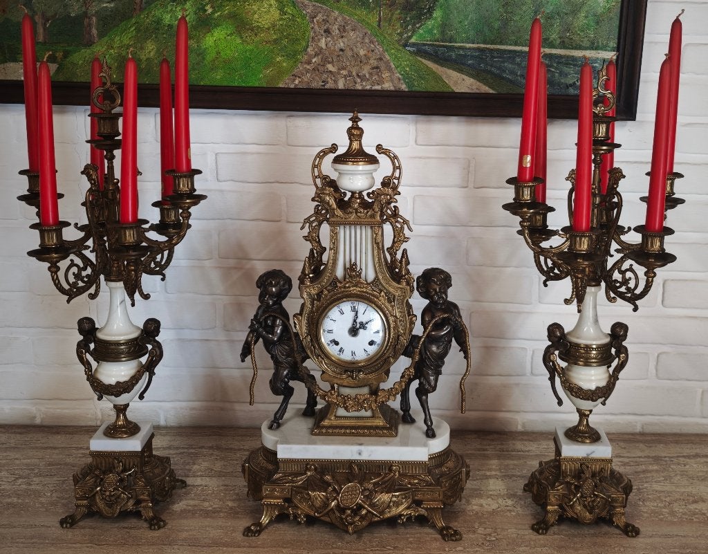Horloge de cheminée « Brevettato » avec chandeliers, Enlèvement