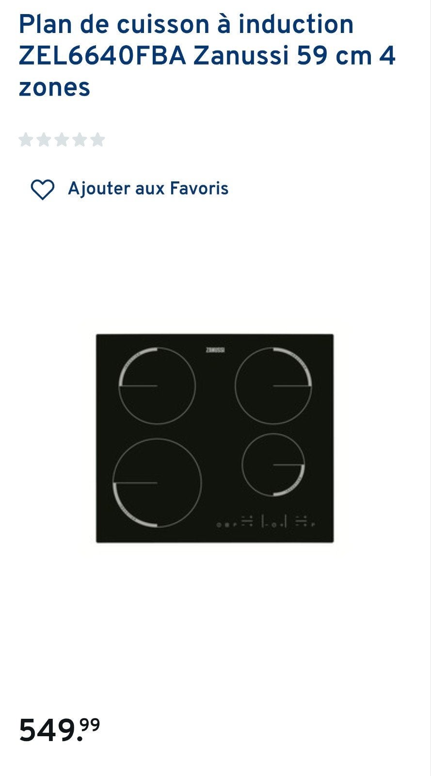 Taque induction ZANUSSI 60CM scellée, Enlèvement