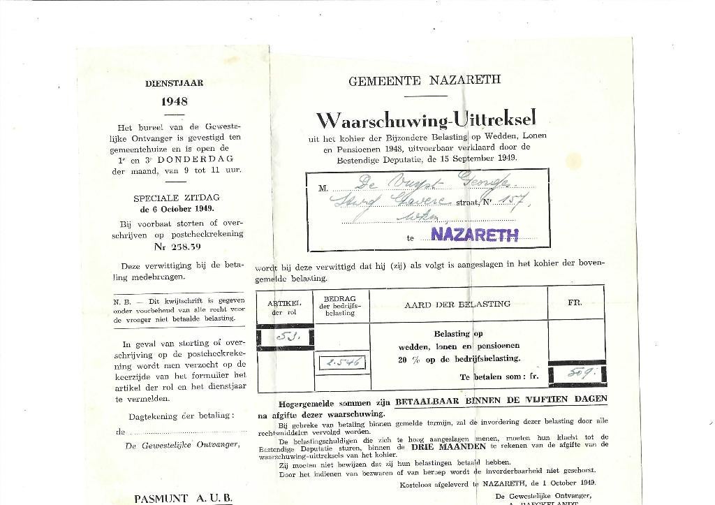 Gemeente Nazareth   1948, Ophalen of Verzenden, Gebruikt