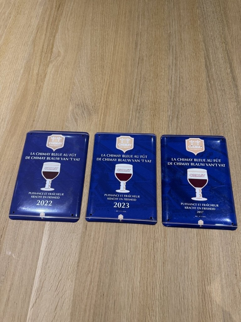 3 Chimay Blauw van 't vat bordjes (2017, 2022, 2023), Verzamelen, Ophalen, Gebruikt