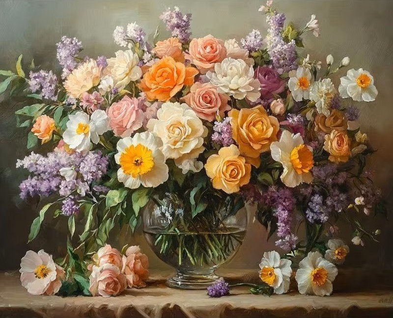 Vase à peinture au diamant 50x40cm avec fleurs (carré) n 58, Neuf, Multicolore, Autocollant, Diamond painting
