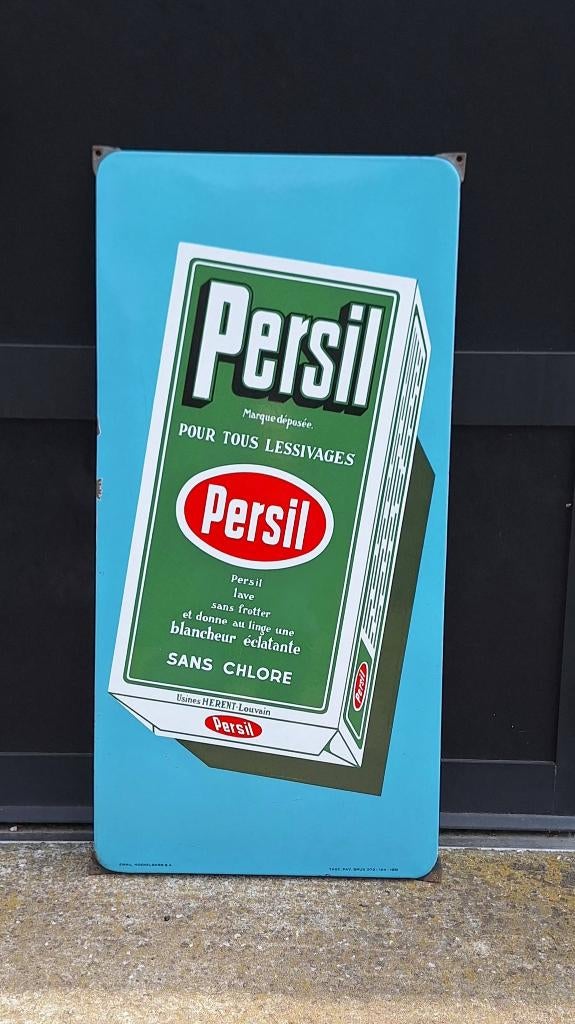 Origineel emaille reclamebord voor het wasmiddel Persil., Ophalen, Gebruikt, Reclamebord