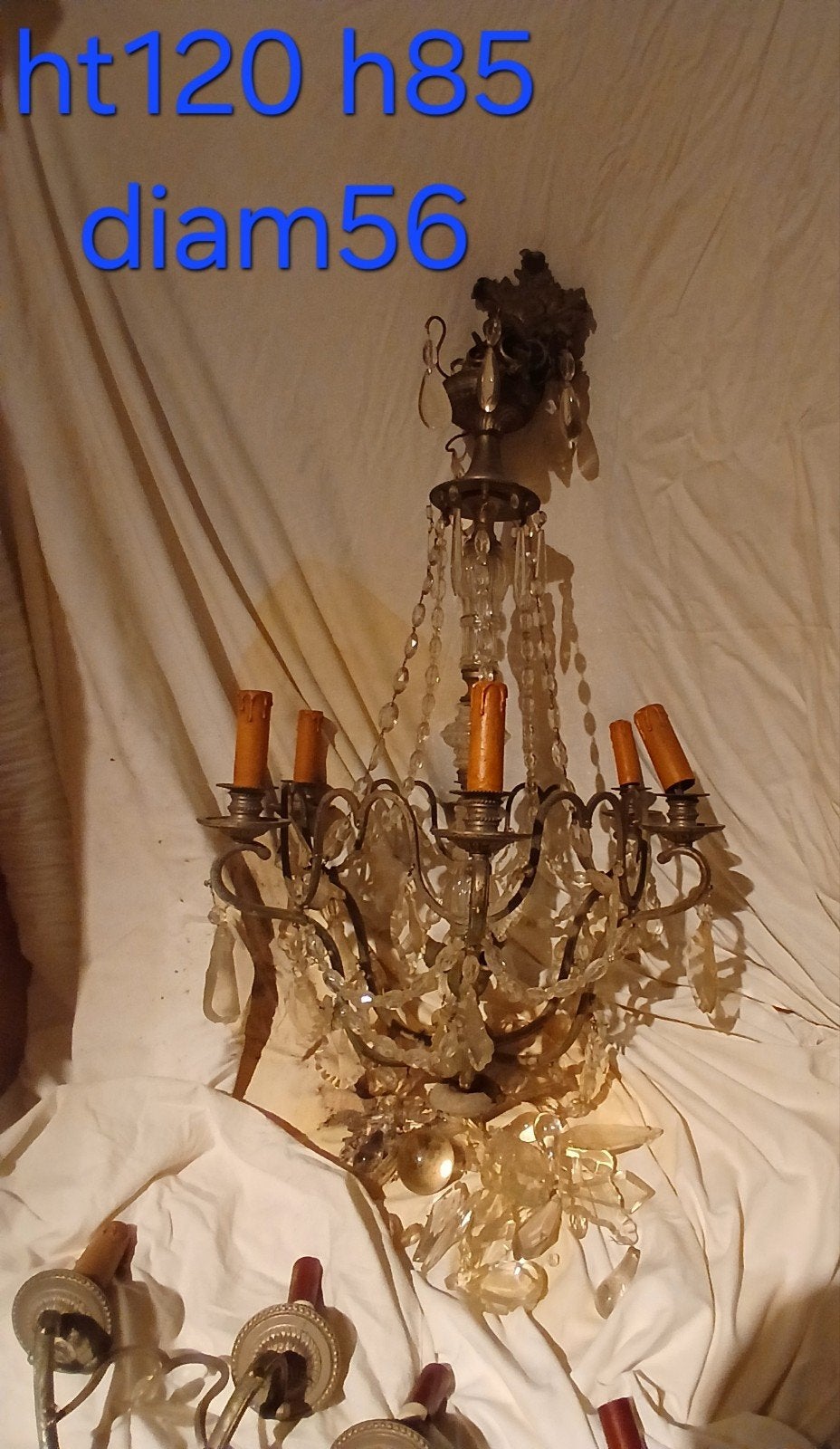 kroonluchter in brons en kristal + 2 wandlamp begin 1900, Ophalen
