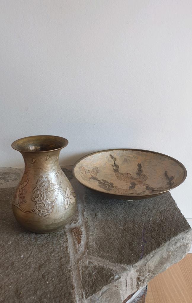 Bol et vase en laiton. Style cloisonné/émail, Enlèvement ou Envoi