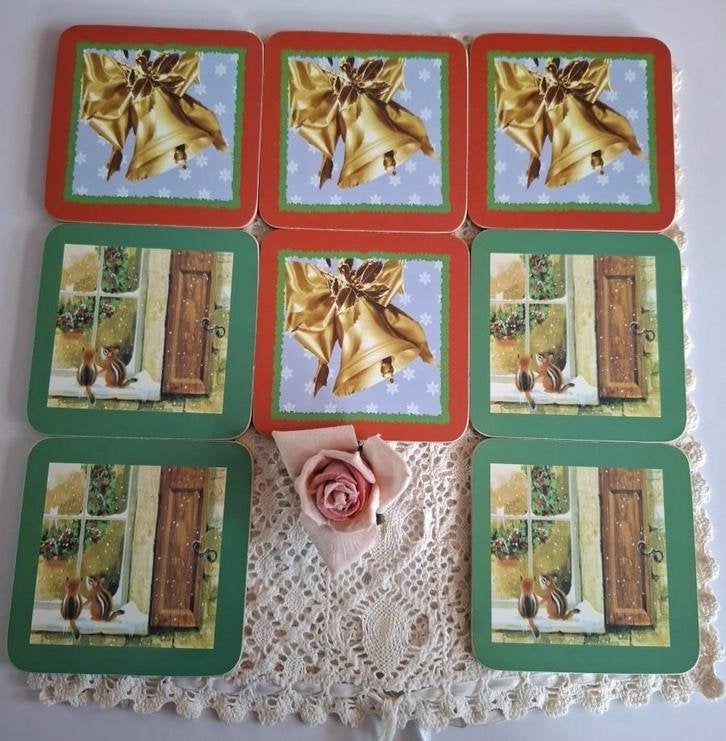 8 Onderzetters KERST, klokken, eekhoorntjes, kerstkrans, Gebruikt, -, -, Ophalen of Verzenden