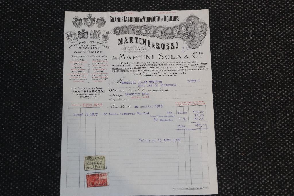 factuur 1927 martini rossi brussel bruxelles, Ophalen of Verzenden