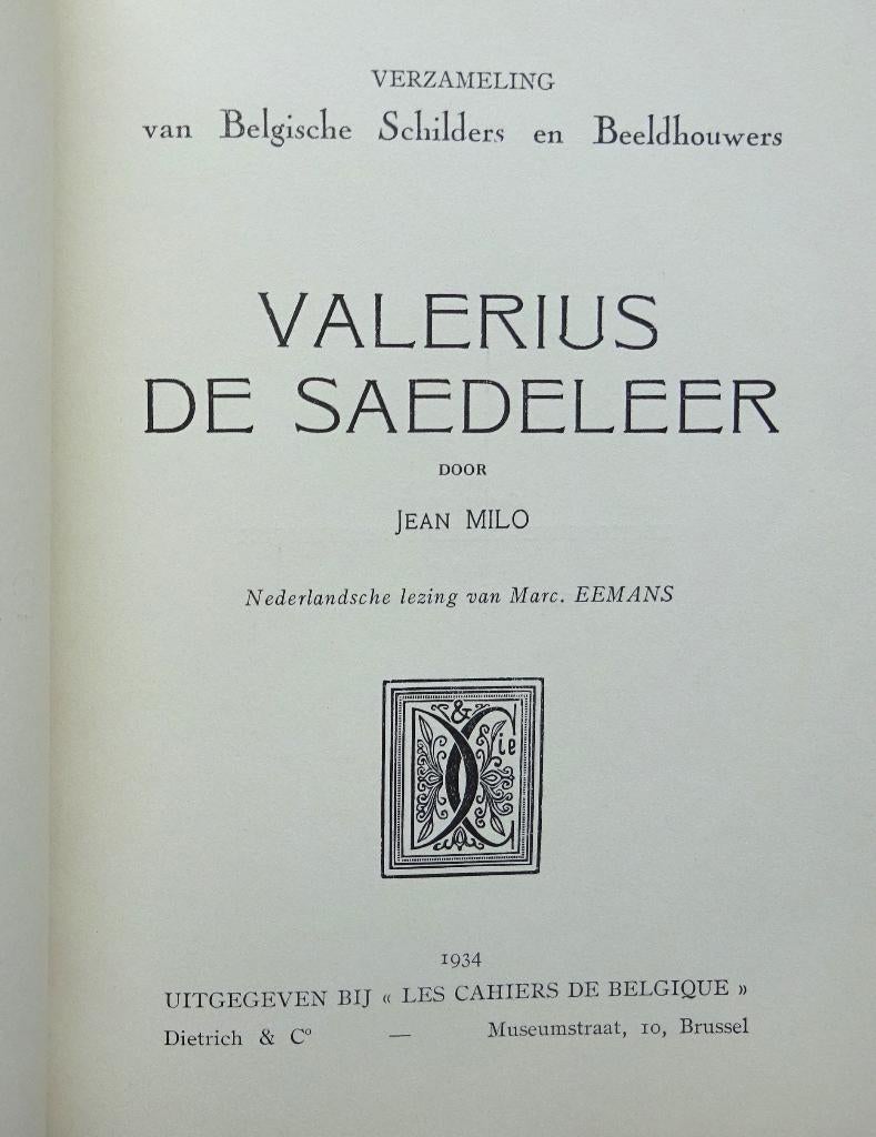Valerius De Saedeleer, 1934, monografie door Jean Milo, Enlèvement ou Envoi, Comme neuf, Jean Milo