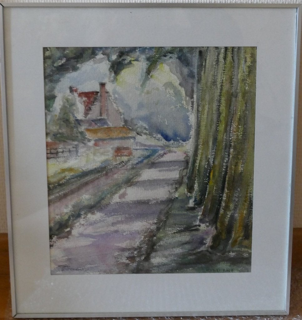 Schilderij aquarel ingekaderd achter glas, Antiek en Kunst, Gesigneerd, Impressionistisch, Ophalen of Verzenden, Landschap