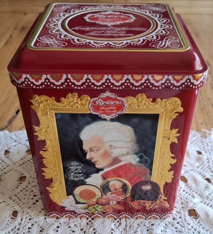 Groot vintage Duits blik, REBER Mozart kugeln, Verzamelen, Blikken, Ophalen of Verzenden, Gebruikt, Overige, Overige merken