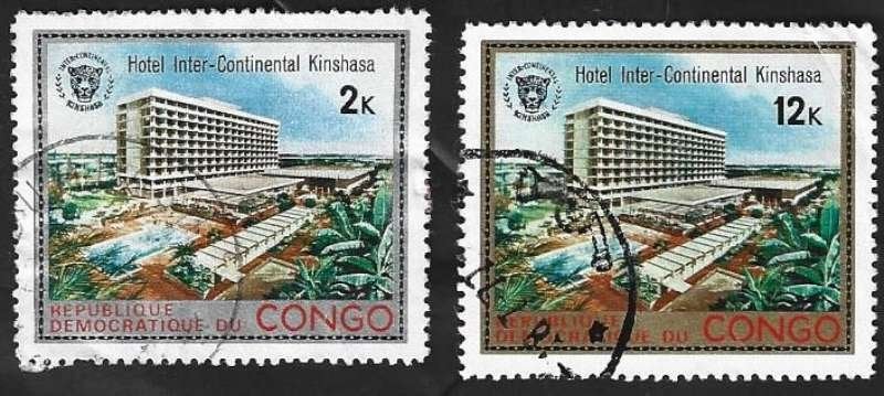 2 Postzegels Congo-Kinshasa 1971 Hotel Inter-Continental, Postzegels en Munten, Postzegels | Afrika, Ophalen of Verzenden, Overige landen