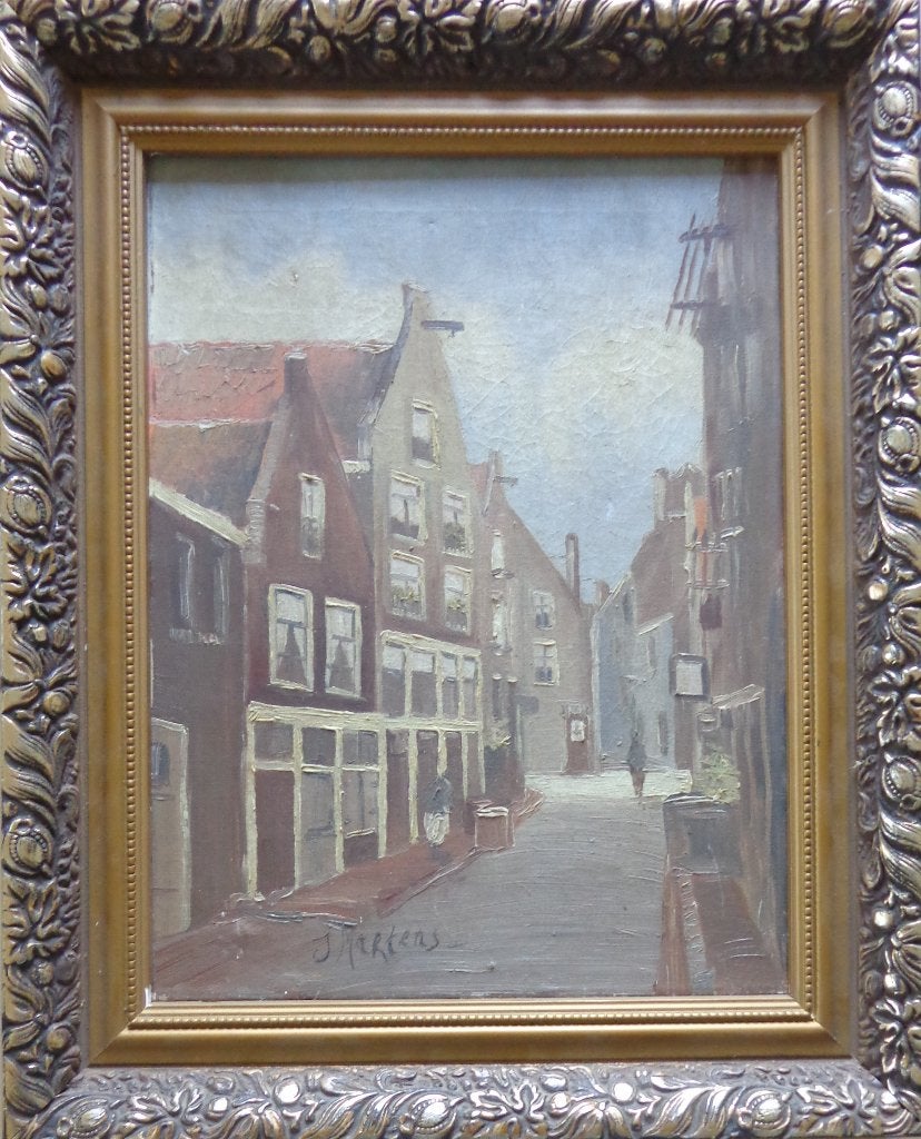 J. MARTENS / STADSZICHT NEDERLAND / OLIEVERF / 50x41cm KADER, Doek, Expressionistisch, Ophalen of Verzenden, Gesigneerd