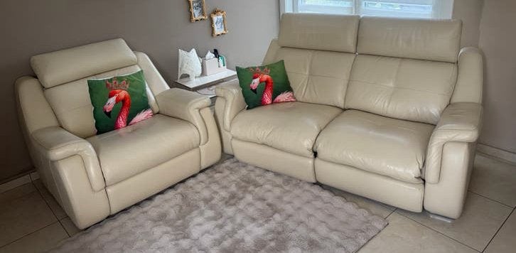 Salon cuir beige avec relax électrique, Ophalen, Gebruikt, Leer, Comtemporain