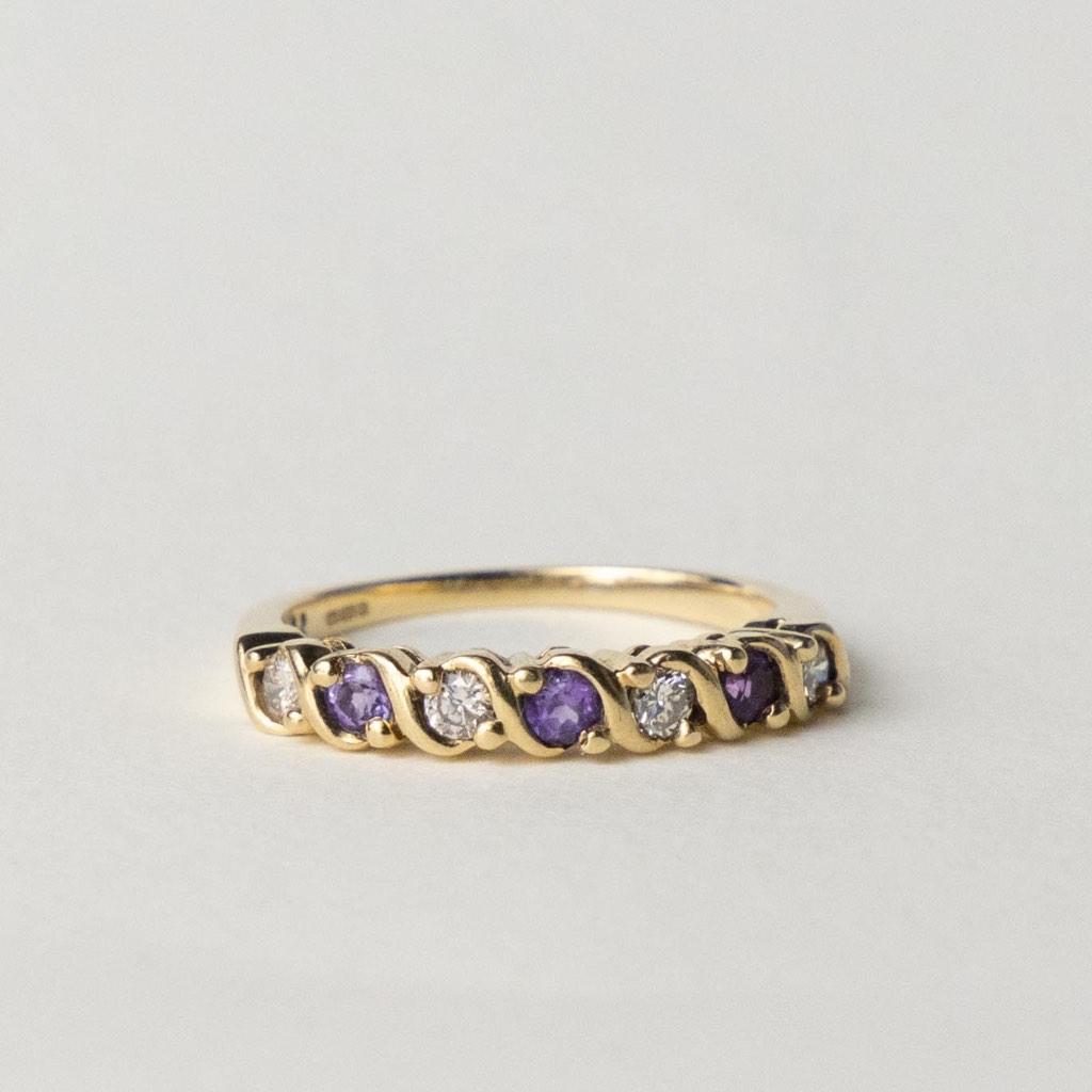 vintage 9 karaat gouden half eternity ring amethist diamant, Bijoux, Sacs & Beauté, Bagues, Avec strass, Enlèvement ou Envoi, Or