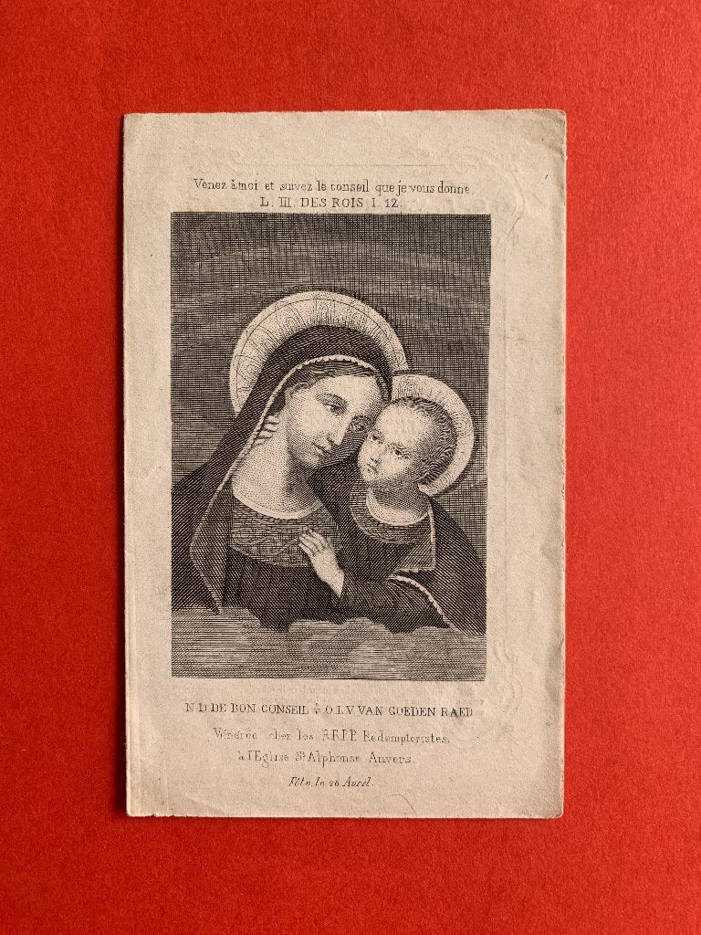 19e eeuw Gravure O.L.Vrouw van Goeden Raed druk Van Aarsen, Collections, Enlèvement ou Envoi, Utilisé, Carte ou Gravure, Christianisme | Catholique