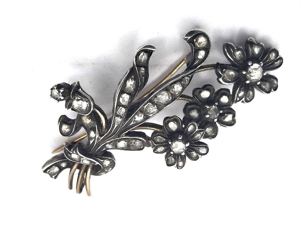 Broche ancienne en or 18 carats ornée de 55 diamants, Enlèvement ou Envoi, Or, Broche, Avec pierre précieuse