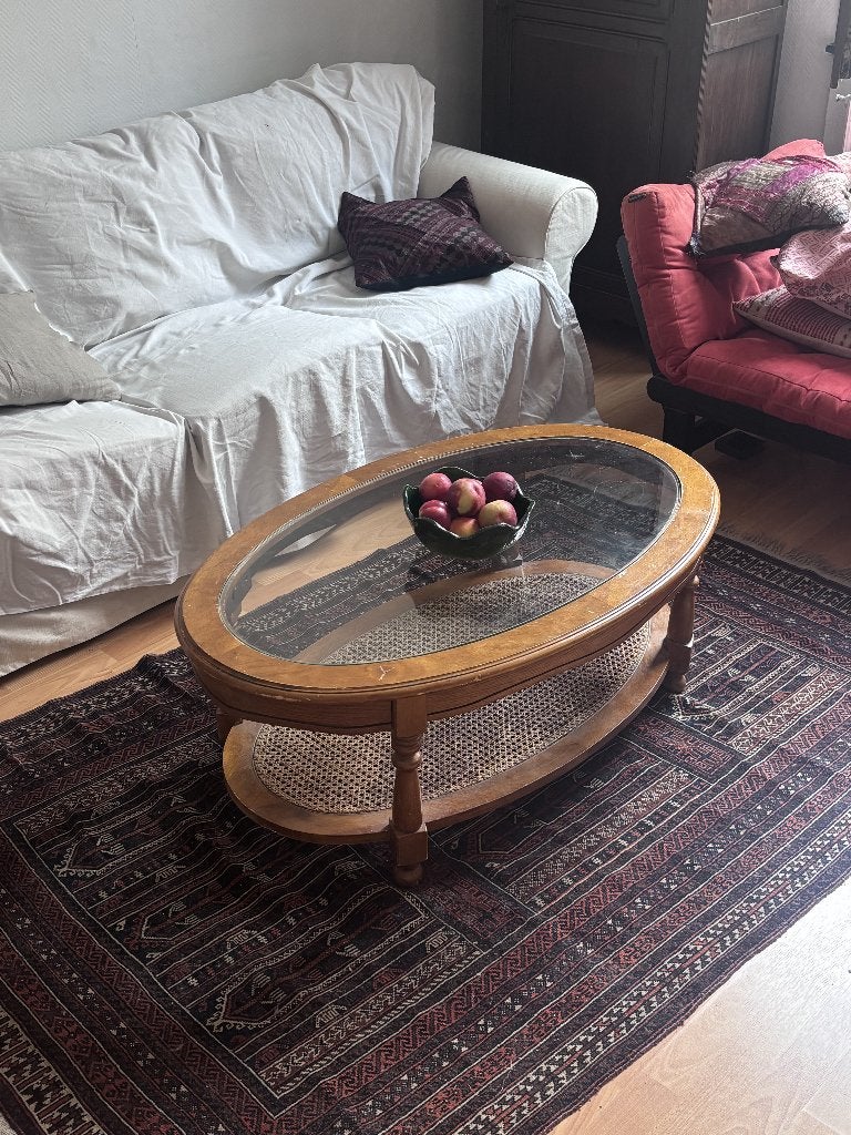 table basse bois et rotin, plateau en verre, Maison & Meubles, Tables | Tables de salon, 100 à 150 cm, Autres matériaux, Comme neuf