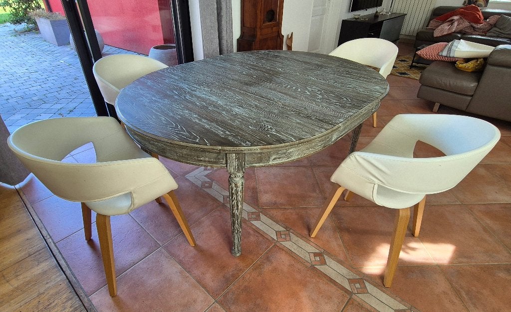 Table ronde haut de gamme en chêne massif cérusé, Maison & Meubles, Rond, Comme neuf, 100 à 150 cm, Enlèvement