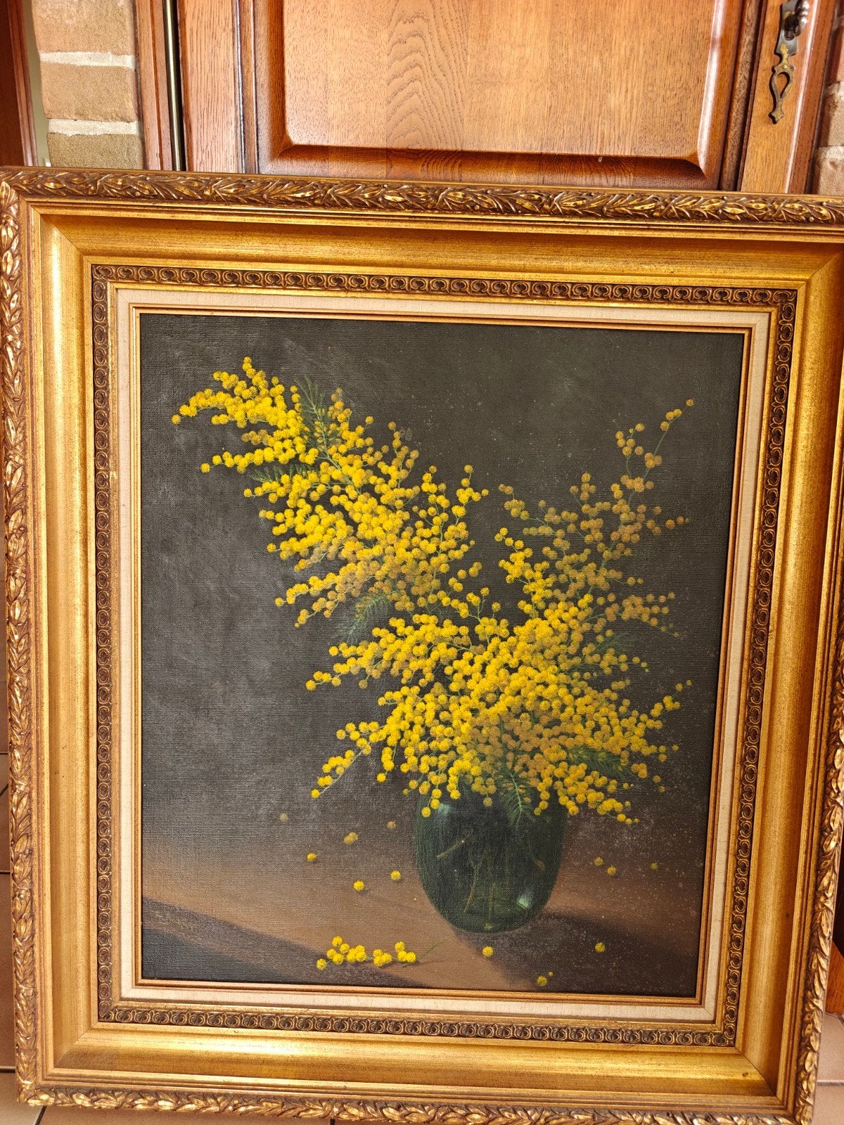 Olieverfschilderij Bloemstilleven Mimosa - Frans Bakker, Ophalen, Gesigneerd, Doek