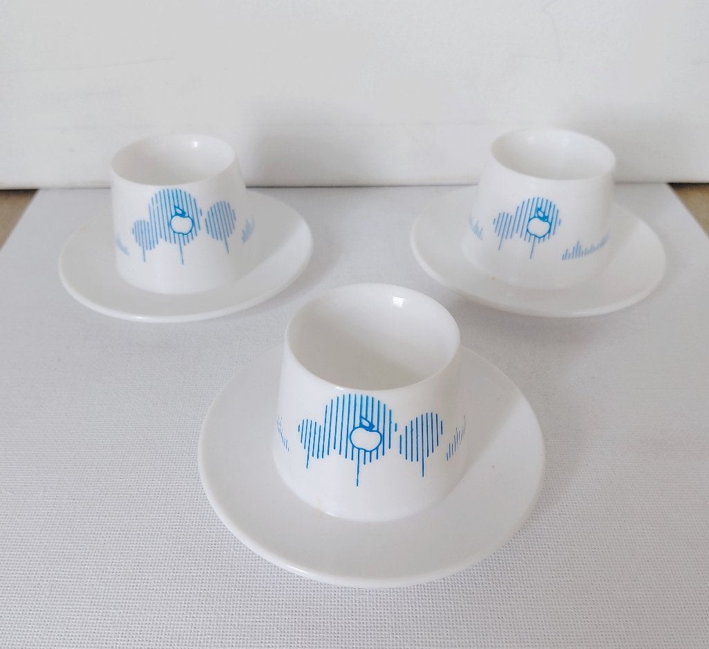 Vintage apple-streep eierdopjes (Set van 3) • Retro Jaren 70, Kunststof, Vintage, Ophalen of Verzenden, Zo goed als nieuw