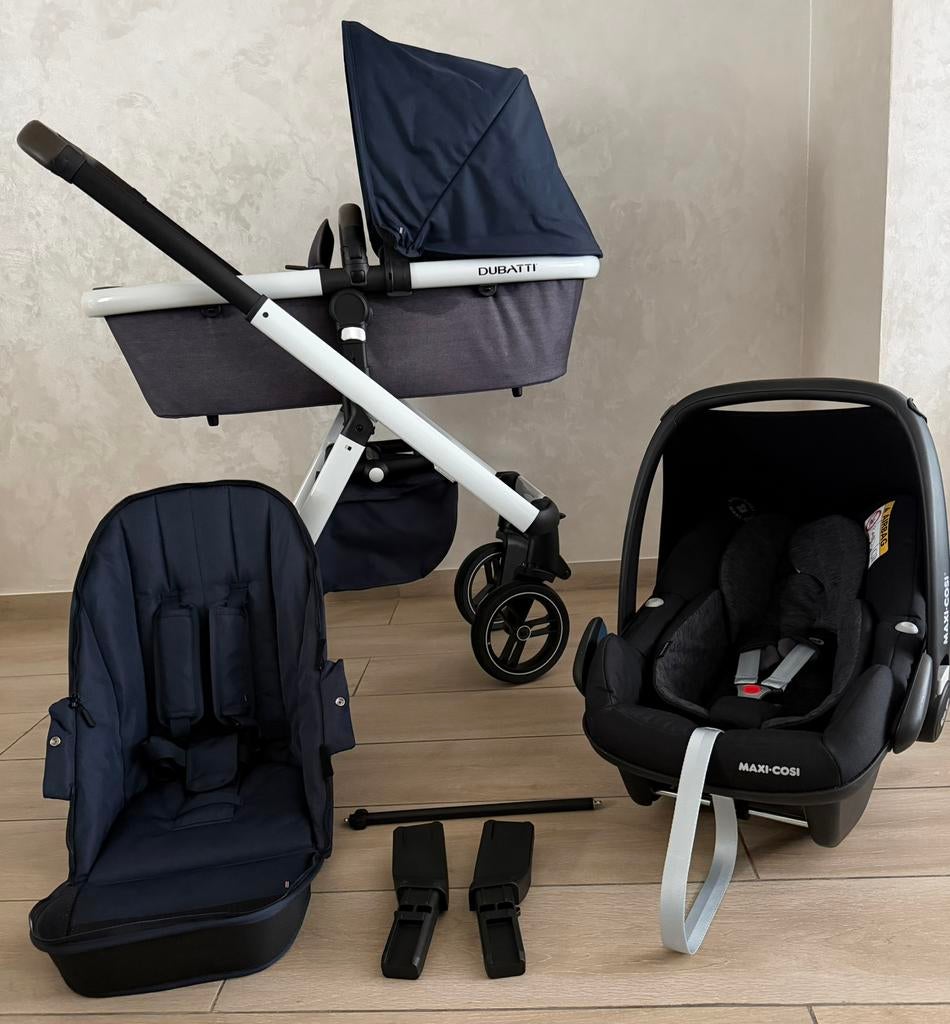 Dubatti 3-en-1 Dubatti One Navy Blue Mélange complète, Enfants & Bébés, Buggys, Comme neuf, Maxi-Cosi, Protection de pluie, Dossier réglable