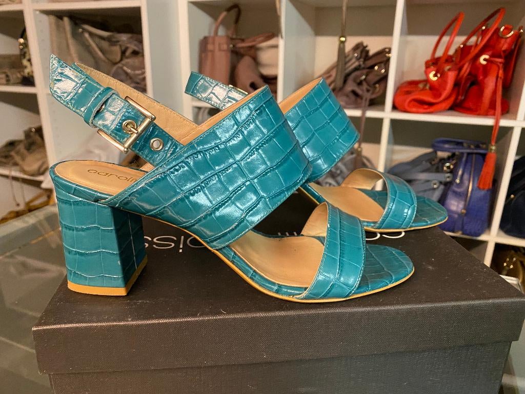 Caroline Biss turquoise sandalen croco print - 39, Kleding | Dames, Zo goed als nieuw, Caroline Biss, Groen, Sandalen of Muiltjes