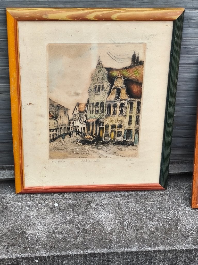 Gravure bruxelles vieille ruelle signe alain, Enlèvement ou Envoi, Gravure