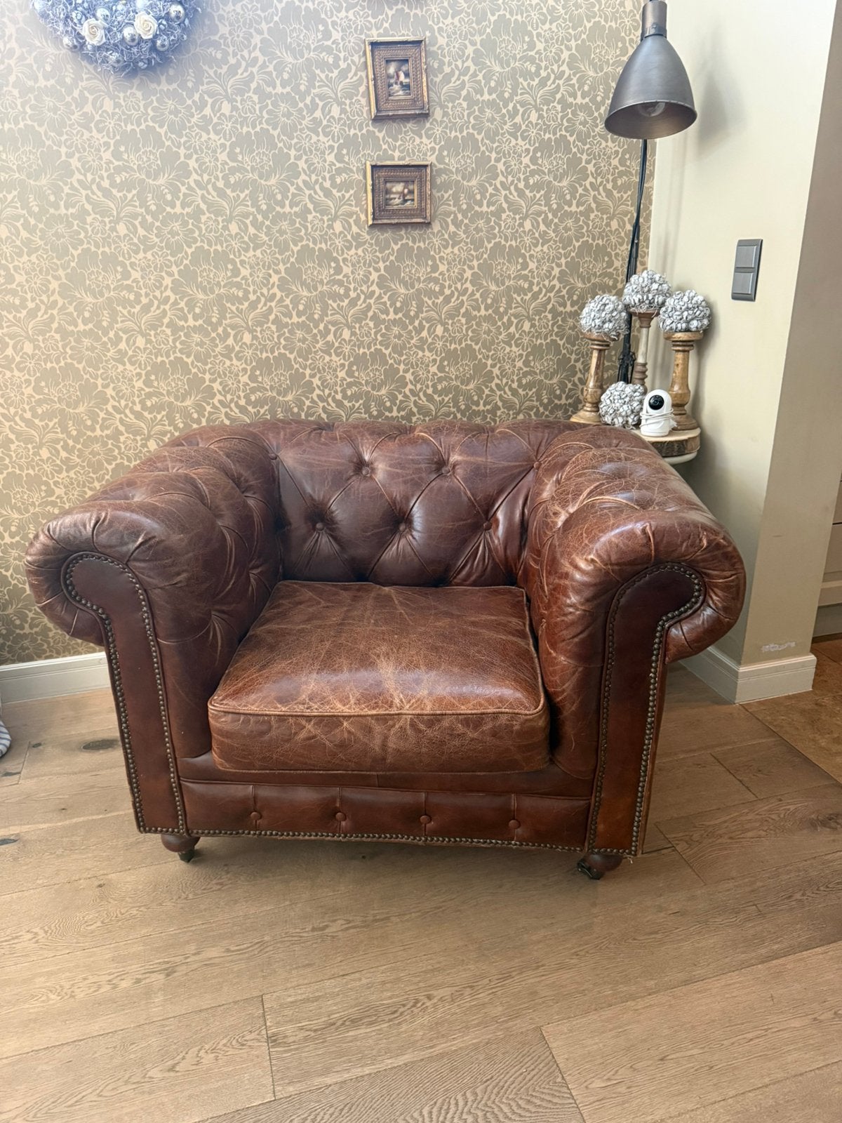 Lederen chesterfield bruin - vintage, Ophalen, Nieuw, 100 tot 125 cm, Leer